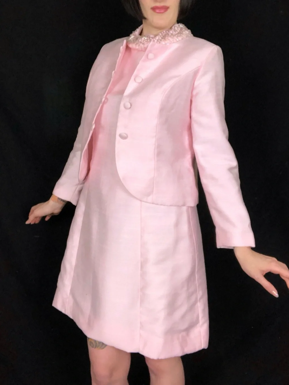 Vintage 1960s Light Pink Cotton Wool Blend Matching Two Piece Dress Coat Set